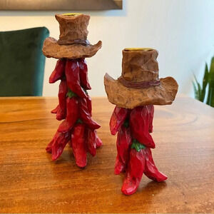 Jalapeño Red Chili Pepper Southwest Cowboy Candle Holders Set of  two